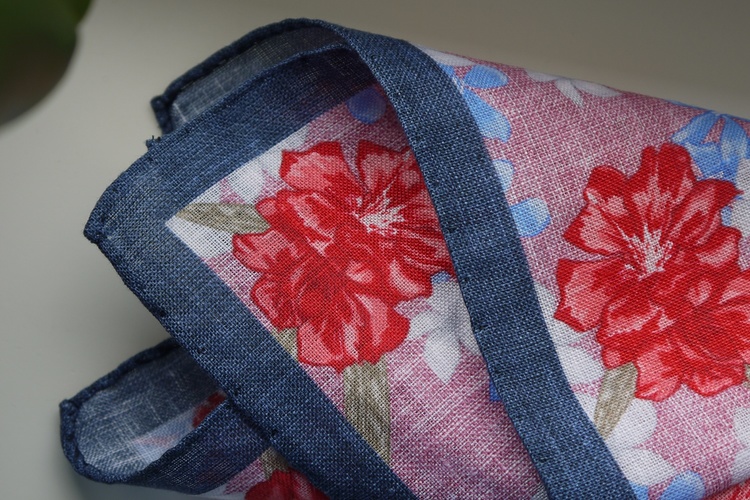 Large Floral Linen Pocket Square - Pink/Navy Blue/Apricot
