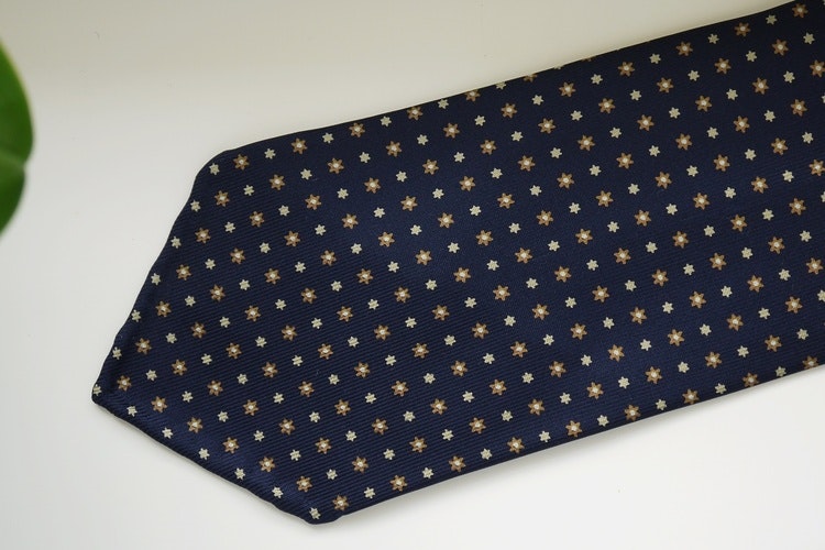 Floral Printed Silk Tie - Untipped -  Navy Blue/Beige