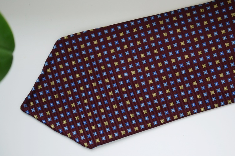 Floral Printed Silk Tie - Untipped - Burgundy/Light Blue/Yellow