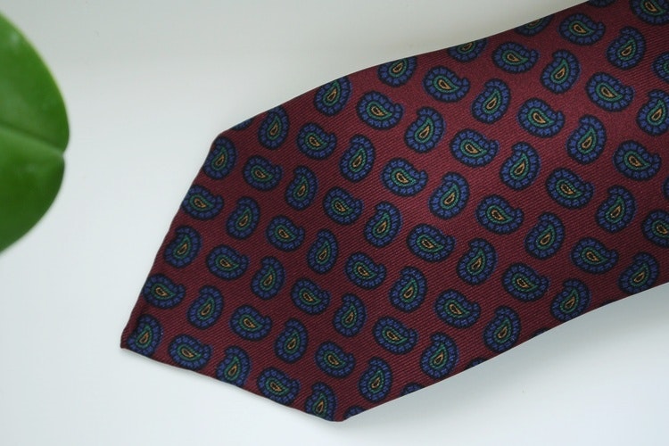 Paisley Printed Silk Tie - Untipped - Burgundy/Navy Blue/Green