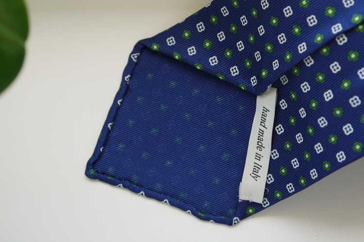 Floral Printed Silk Tie - Untipped - Navy Blue/Green