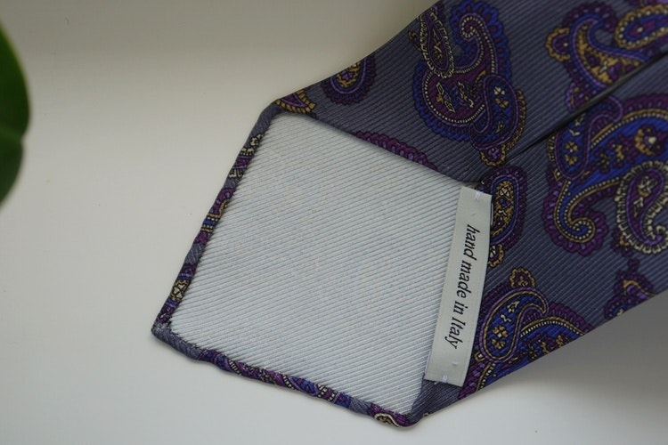 Paisley Printed Silk Tie - Untipped - Grey/Purple/Navy Blue