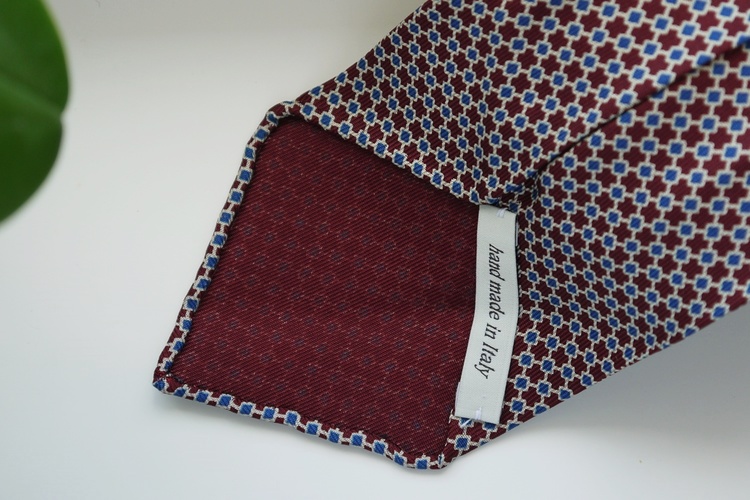 Micro Printed Silk Tie - Untipped - Burgundy/Beige/Navy Blue