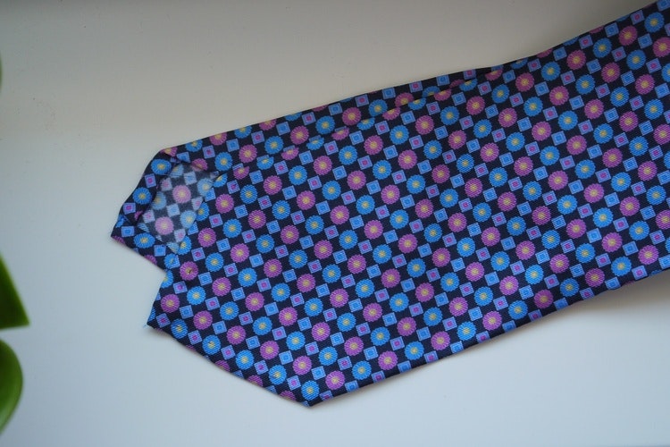 Floral Printed Silk Tie - Navy Blue/Light Blue/Pink