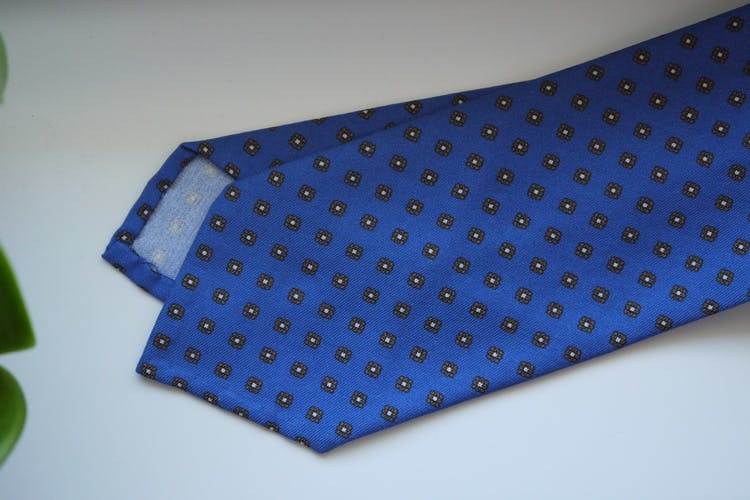 Floral Printed Cotton Silk Tie - Mid Blue/Beige