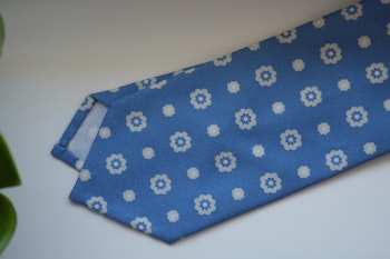 Floral Printed Cotton Silk Tie - Light Blue/White