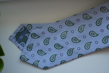 Paisley Silk Cotton Tie - White/Green/Navy Blue