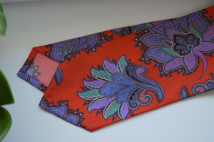 Oriental Printed Silk Tie - Orange/Purple/Green