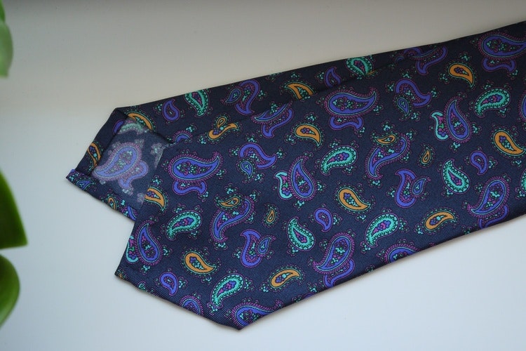 Paisley Printed Silk Tie - Navy Blue/Turquoise/Purple/Yellow