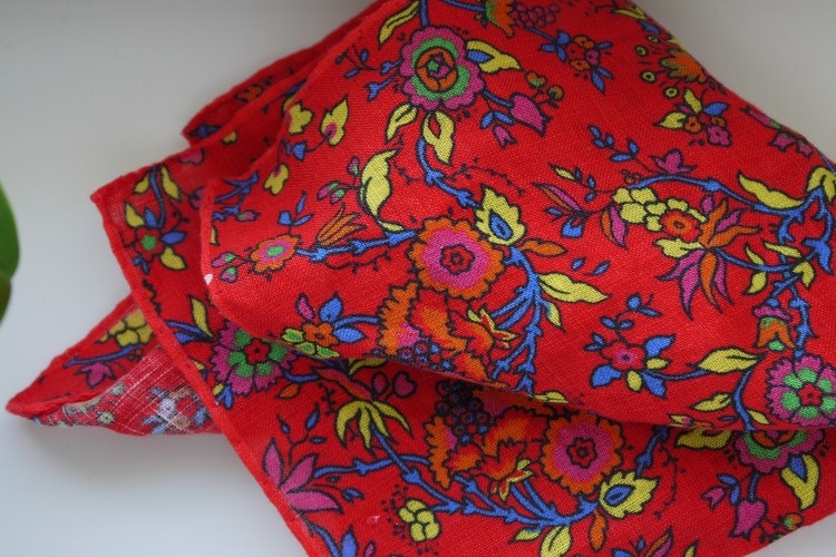 Small Floral Linen Pocket Square - Red/Orange/Blue/Yellow