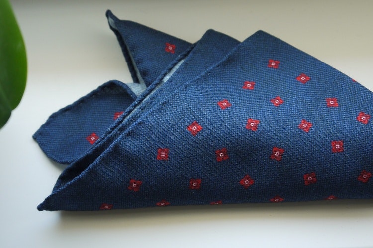 Floral Wool Pocket Square - Navy Blue/Red