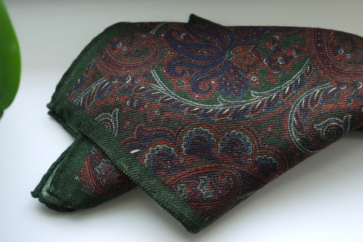 Large Paisley Wool Pocket Square - Green/Rust/Navy Blue