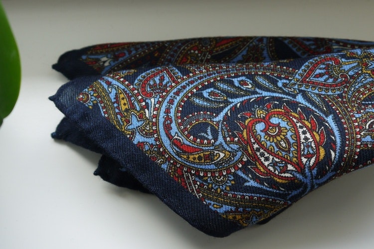 Large Paisley Wool Pocket Square - Navy Blue/Light Blue/Red/Yellow