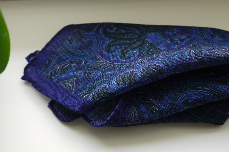 Large Paisley Wool Pocket Square - Purple/Navy Blue/Light Blue