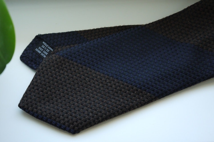 Blockstripe Wool/Silk Tie - Brown/Navy Blue