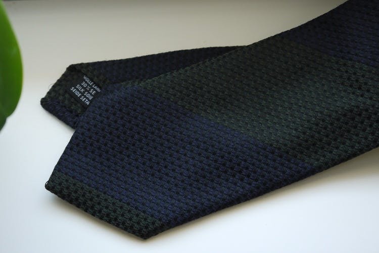 Blockstripe Wool/Silk Tie - Olive Green/Navy Blue