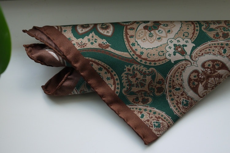 Large Paisley Silk Pocket Square - Green/Beige/Brown