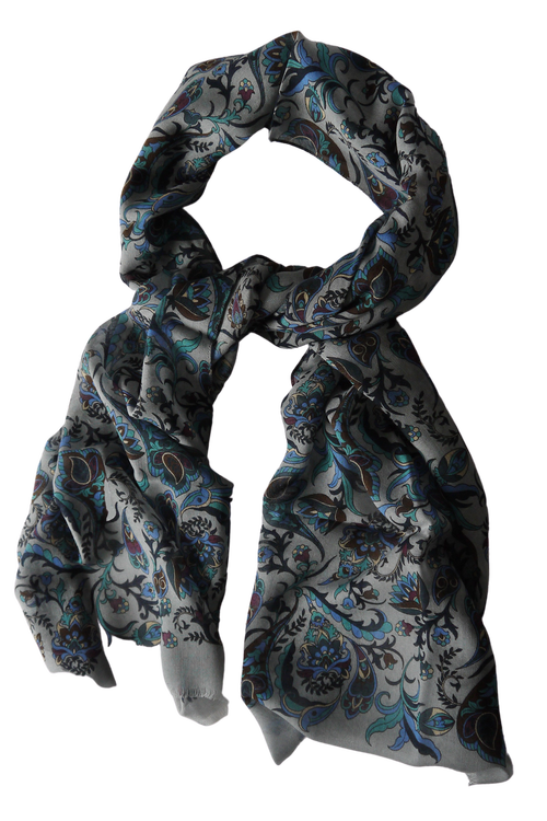 Floral Wool Scarf - Grey/Navy Blue/Turquoise/Purple