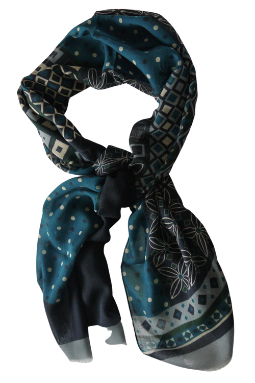 Multi Floral Wool Scarf - Navy Blue/Turquoise/Grey/Green/Beige - Granqvist  - Ties, shirts and accessories