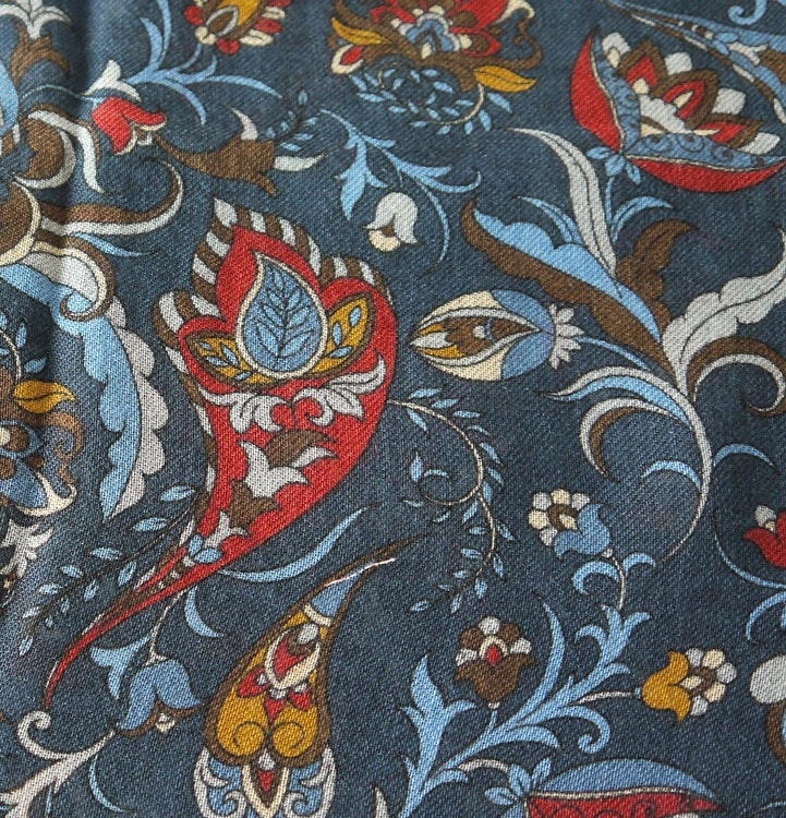 Floral Wool Scarf - Navy Blue/Burgundy/Light Blue/Brown