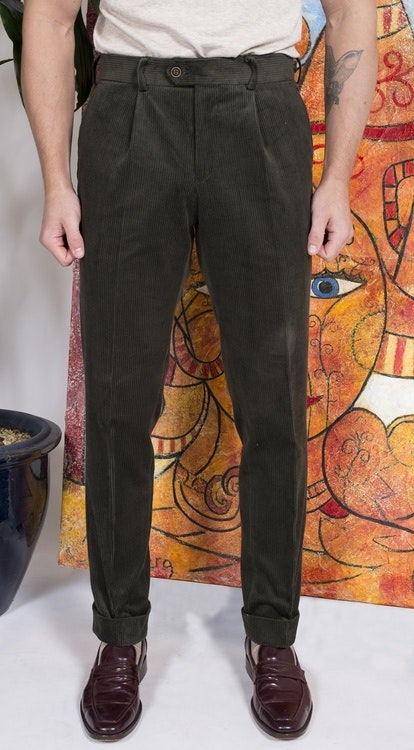 Solid Corduroy Trousers - High Waist - Olive Green