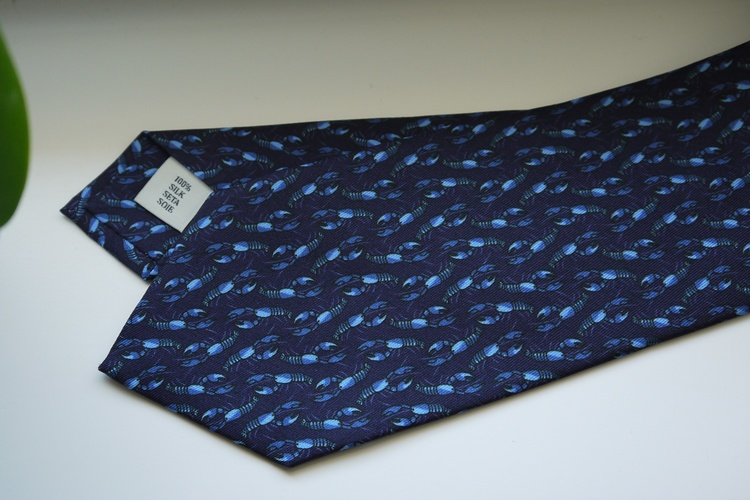 Crayfish Printed Silk Tie - Navy Blue/Light Blue