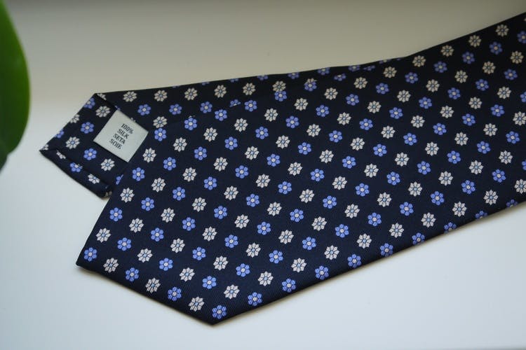 Floral Printed Silk Tie - Navy Blue/Light Blue/White