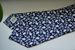 Large Floral Printed Silk Tie - Navy Blue/White