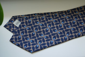 Large Floral Printed Silk Tie - Navy Blue/Beige/Light Blue