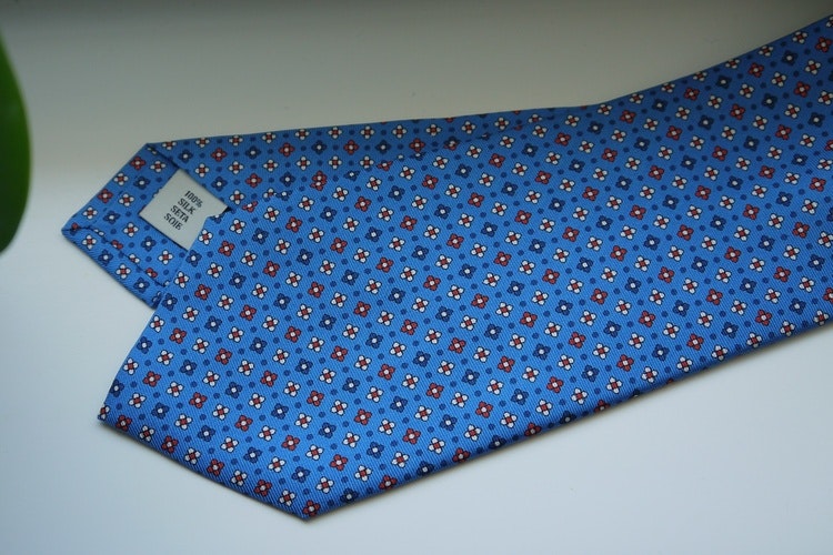Small Floral Printed Silk Tie - Light Blue/Navy Blue/Red