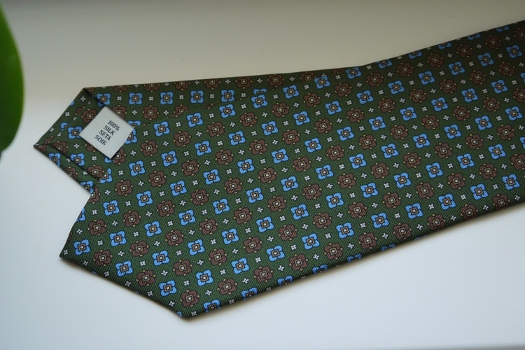 Floral Printed Silk Tie - Olive Green/Brown/Light Blue