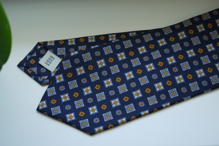 Floral Printed Silk Tie - Navy Blue/Light Blue/Yellow/Red