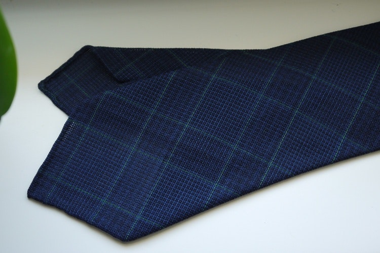 Large Check Light Wool Tie - Untipped - Navy Blue/Green