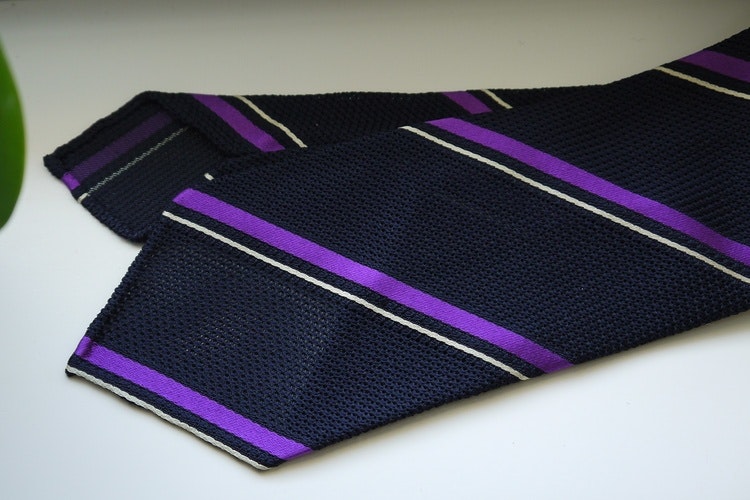 Regimental Silk Grenadine Tie - Untipped - Navy Blue/Purple/White