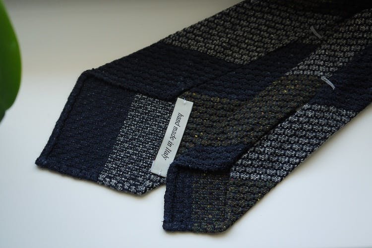 Blockstripe Silk Grenadine Jacquard Tie - Untipped - Navy Blue/Olive Green/BeigeGrey