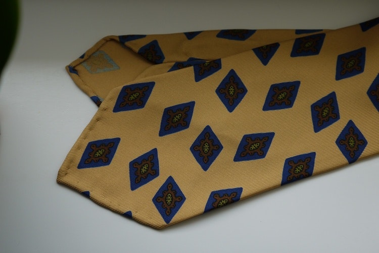 Diamond Printed Silk Tie - Untipped - Yellow/Light Blue/Gold
