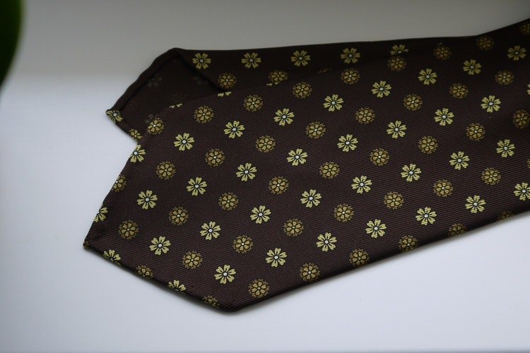 Large Floral Printed Silk Tie - Untipped - Brown/Yellow