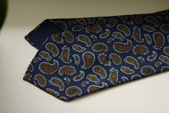 Paisley Ancient Madder Silk Tie - Untipped - Navy Blue/Light Blue/Green/Mustard