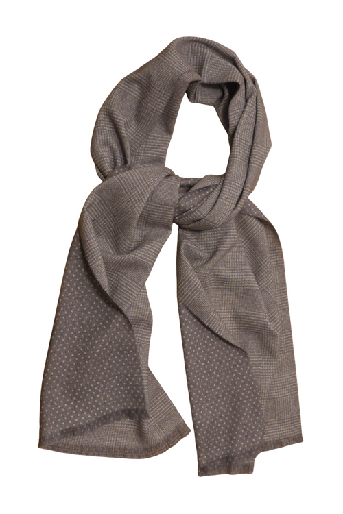 Plaid/Pindot Printed Wool Scarf - Grey/White