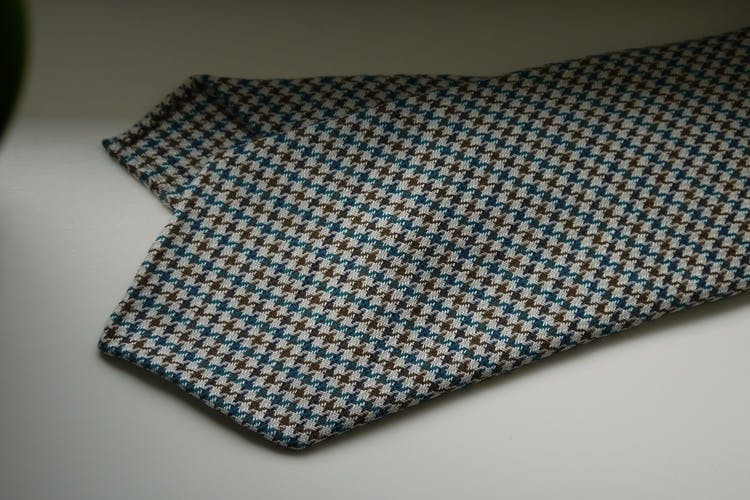 Dogtooth Light Wool Tie - Untipped - Off White/Brown/Turquoise