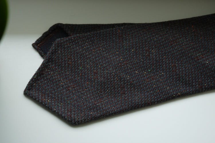Large Herringbone Wool Tie - Untipped - Navy Blue/Burgundy