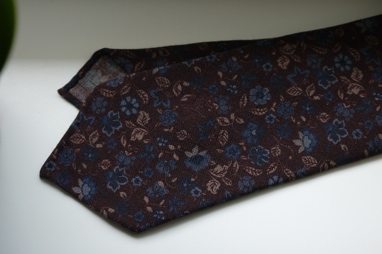 Floral Printed Wool Tie - Untipped - Rust/Navy Blue/Beige