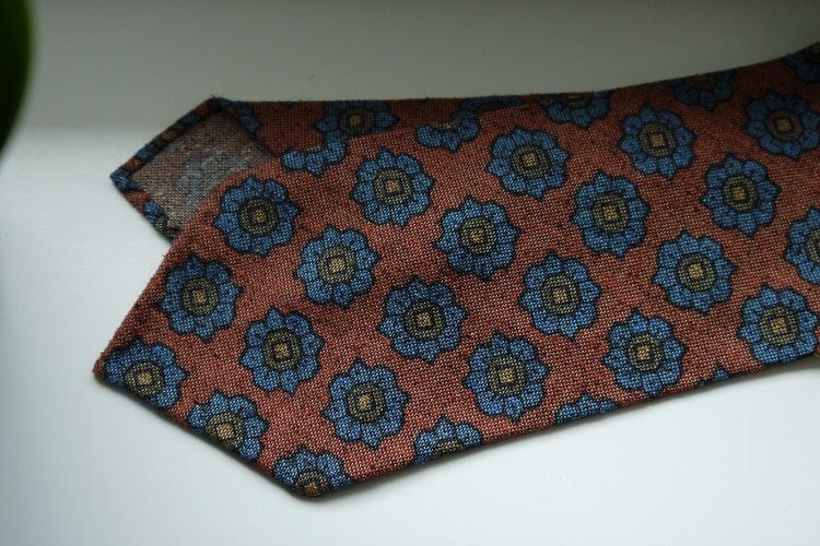 Large Floral Printed Wool Tie - Untipped - Orange/Light Blue/Beige