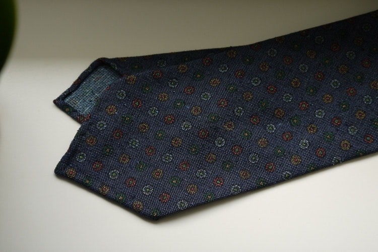 Small Floral Printed Wool Tie - Untipped - Navy Blue/Yellow/Red/Green