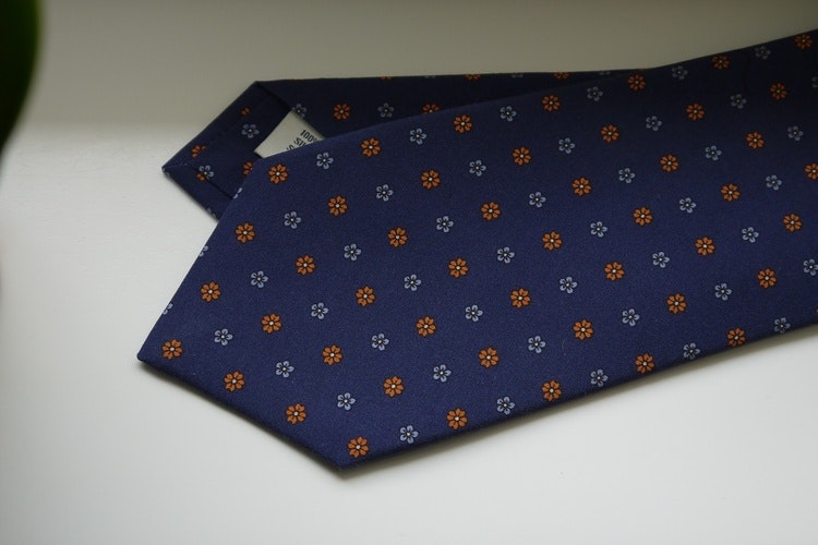 Madder Silk Printed Floral Tie - Navy Blue/Orange