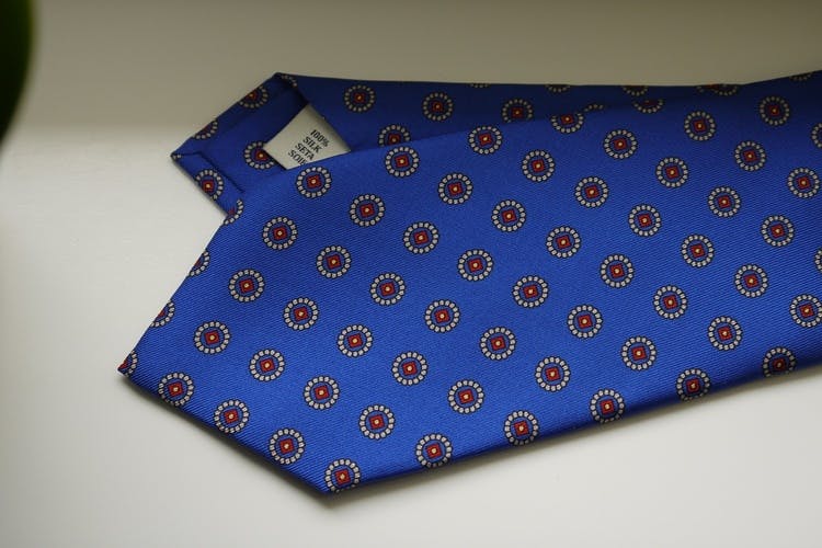 Floral Printed Silk Tie - Mid Blue/Red/White