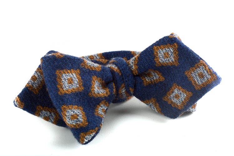 Medallion Wool Bow Tie - Navy Blue/Mustard/White
