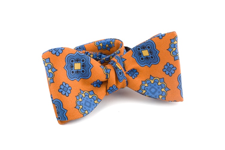 Medallion Silk/Cotton Bow Tie - Orange/Light Blue