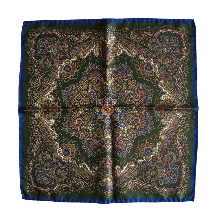 Oriental Silk Pocket Square - Dark Green/Navy Blue/Gold