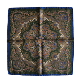 Oriental Silk Pocket Square - Dark Green/Navy Blue/Gold